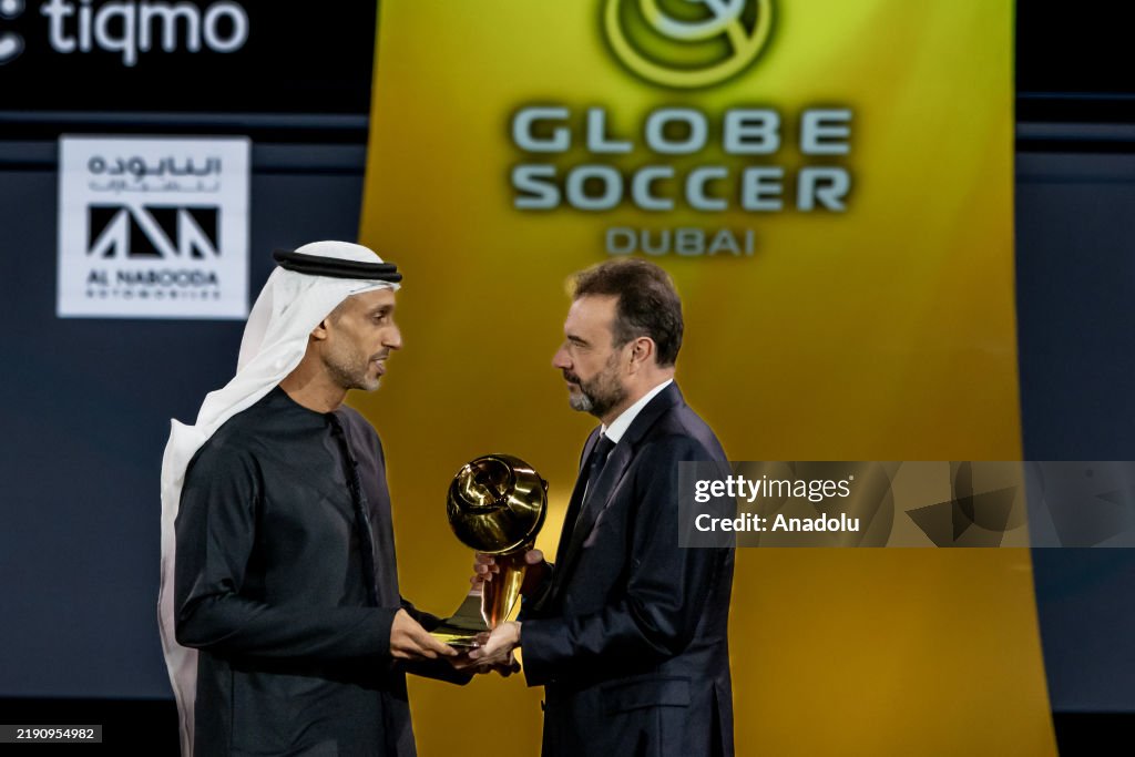 Real Madrid CEO Jose Angel Sanchez receives an award during the Globe ...
