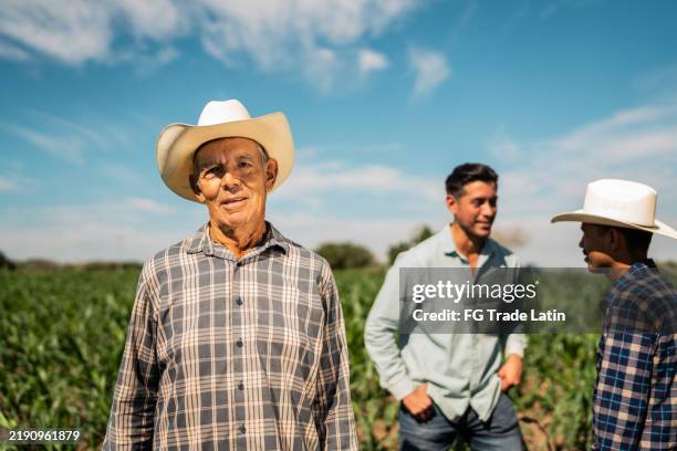 portrait of senior farmer man at agricultural field - working seniors stock pictures, royalty-free photos & images