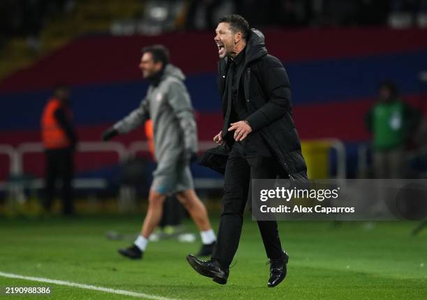 Diego Simeone, Head Coach of Atletico de Madrid, celebrates after Alexander Sorloth of Atletico de Madrid scored his team's second goal during the...