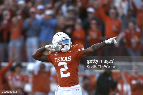 Matthew Golden of the Texas Longhorns reacts after catching a pass during the second quarter against the Clemson Tigers in the Playoff First Round...