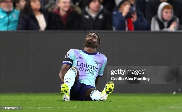 Bukayo Saka of Arsenal reacts between Crystal Palace FC and Arsenal FC at Selhurst Park on December 21, 2024 in London, England.