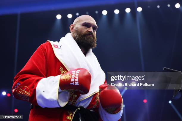 Tyson Fury looks on ahead of the IBF, IBO, WBA, WBC and WBO Undisputed World Heavyweight titles' fight between Oleksandr Usyk and Tyson Fury as part...