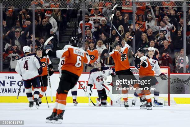 Tyson Foerster of the Philadelphia Flyers celebrates his goal during the third period against the Columbus Blue Jackets at the Wells Fargo Center on...