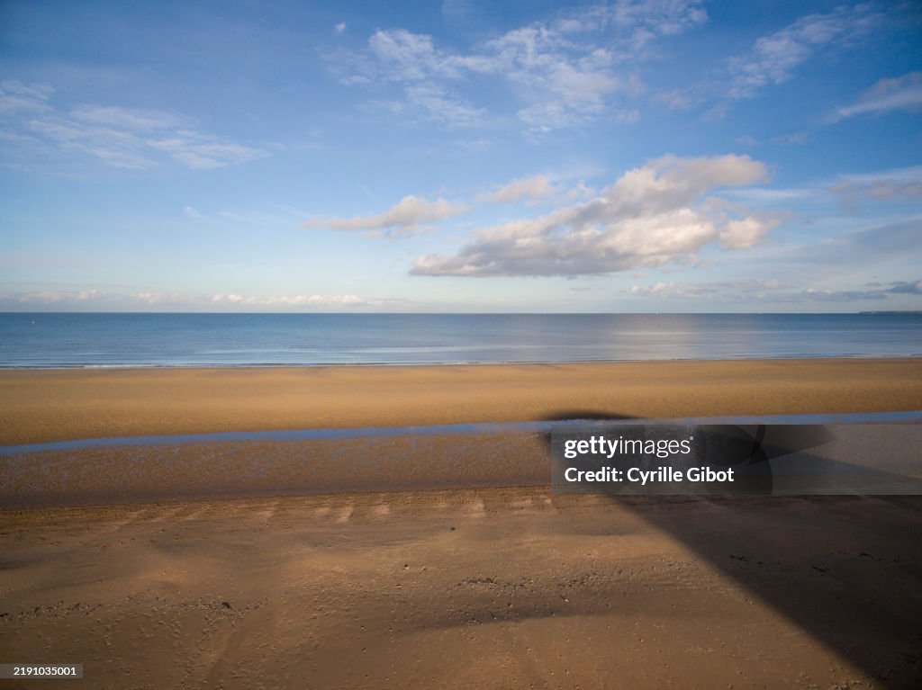 Utah Beach at the end of the day, with the shadow of the Landing Museum, France