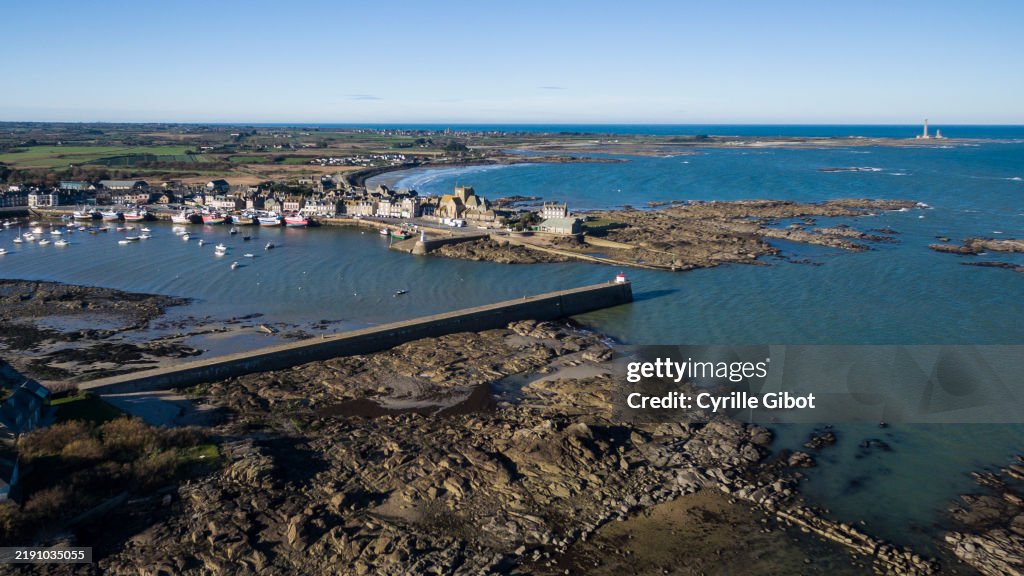 Aerial, wide-angle view of the port of Barfleur, Cotentin Peninsula.