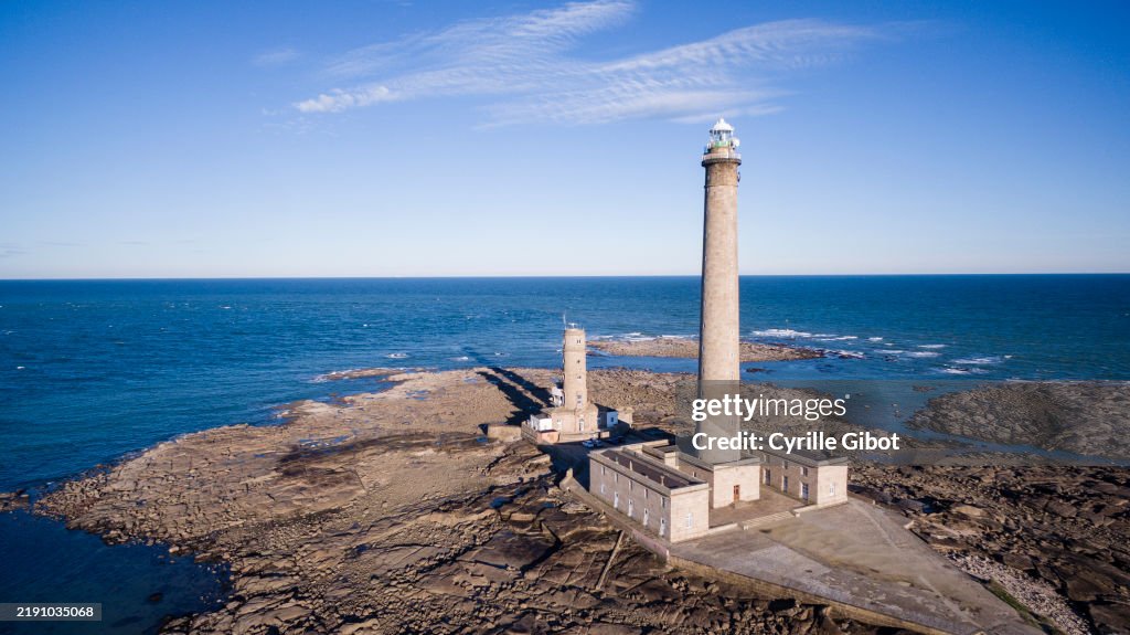 Aerial view of the Gatteville lighthouse, France's second tallest lighthouse, Cotentin Peninsula, France