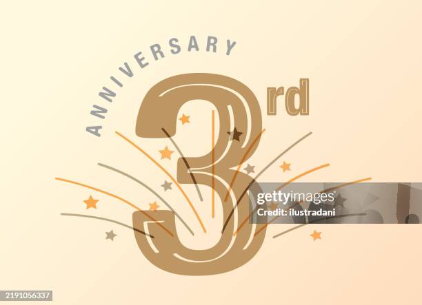 gold 3rd anniversary logo with fireworks - three levels stock illustrations