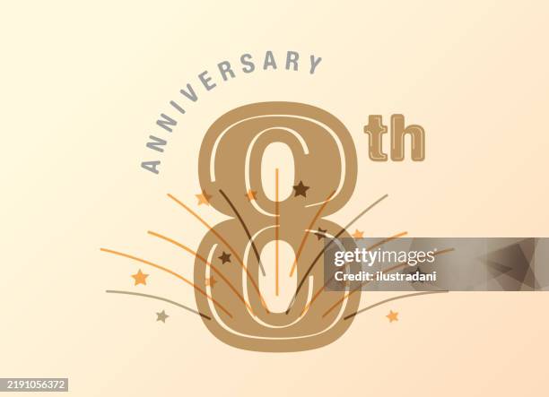 gold 8th anniversary logo with fireworks - forgot birthday stock illustrations