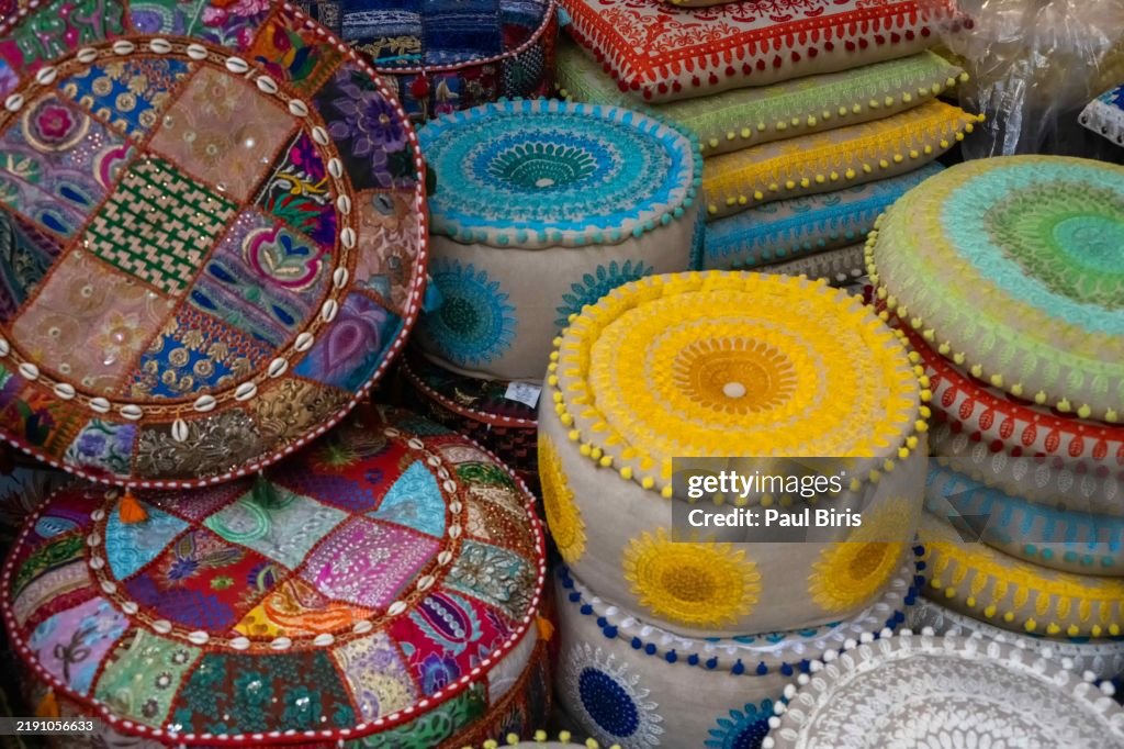 Colorful oriental pillows in a market stall in Manama, Bahrain