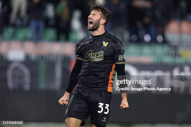 Marin Sverko of Venezia celebrates his goal during the Serie A match between Venezia and Cagliari at Stadio Pier Luigi Penzo on December 22, 2024 in...