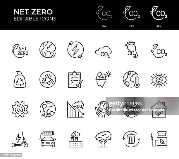 ilustraciones, imágenes clip art, dibujos animados e iconos de stock de iconos de línea net zero - dióxido de carbono