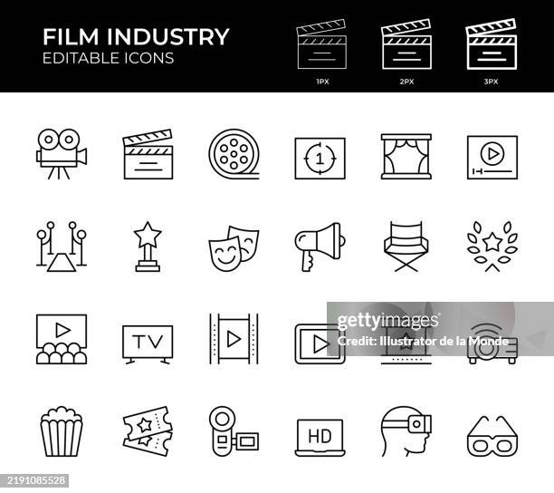 ilustraciones, imágenes clip art, dibujos animados e iconos de stock de iconos de la línea de la industria cinematográfica - tipo-de-premio-de-cine