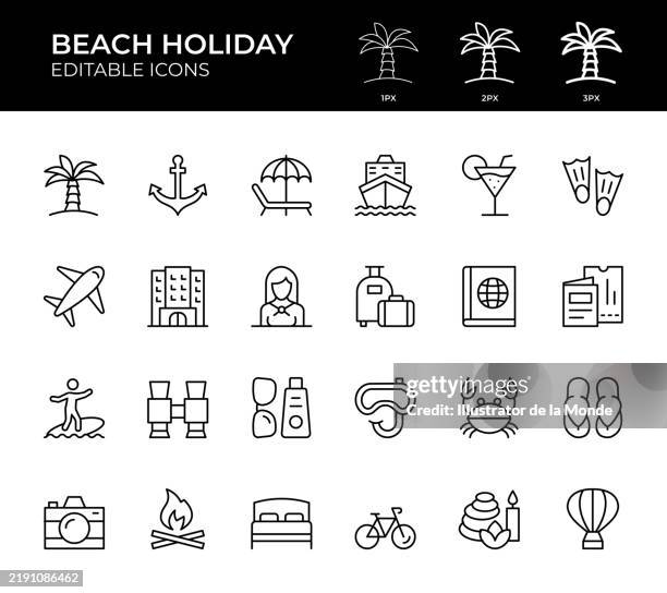 strandurlaubs-liniensymbole - hammock-between-palm-trees stock-grafiken, -clipart, -cartoons und -symbole