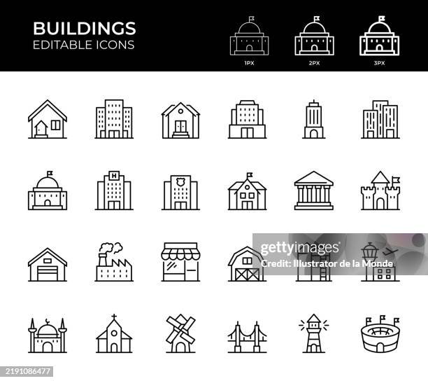 ilustraciones, imágenes clip art, dibujos animados e iconos de stock de iconos de línea de edificios - faro estructura de edificio