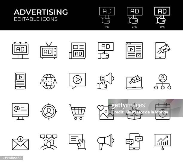 advertising line icons - content management system stock illustrations