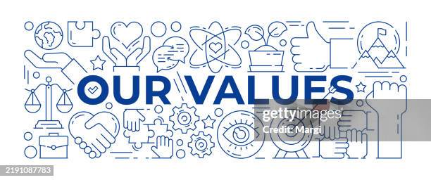 our values line art icon set in blue color - social responsibility stock illustrations