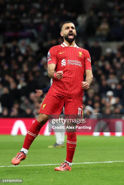 Mohamed Salah of Liverpool celebrates scoring his sides fourth goal during the Premier League match between Tottenham Hotspur FC and Liverpool FC at...