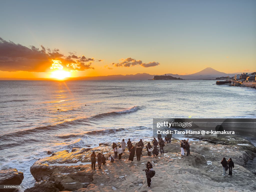 Mt, Fuji and sunset beach in Kanagawa of Japan