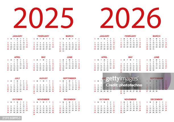 ilustraciones, imágenes clip art, dibujos animados e iconos de stock de calendario de 12 meses para 2025 - 2026 plantilla de calendario anual. la semana comienza el domingo. - evento mensual