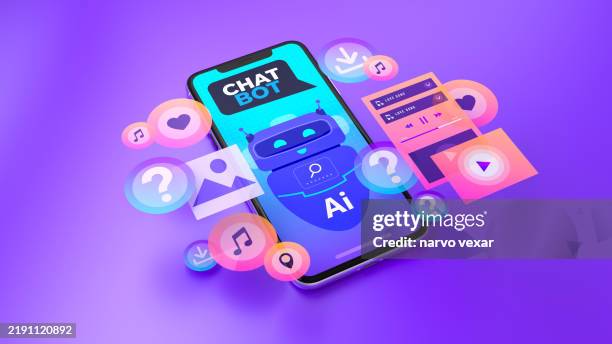 ai-powered conversations: smartphone with chatbot speech bubble and floating robot illustration. 3d rendering. - android apps stock pictures, royalty-free photos & images
