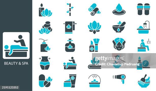 beauty and spa icon set. solid icon collection. vector illustration. stock illustration icon symbol, business, communication, beneficiary - exercise mask stock illustrations