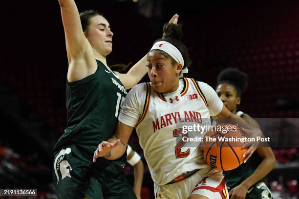 Michigan State Spartans center Ines Sotelo defends against Maryland Terrapins guard Kaylene Smikle during the fourth quarter of the game at Xfinity...