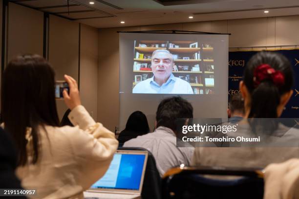 Former Nissan Motor & Renault CEO Carlos Ghosn speaks via a video link during a press conference at the Foreign Correspondents' Club of Japan on...