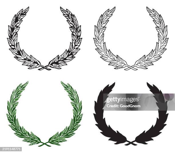 lorbeer kranz vektor-set - lorbeer stock-grafiken, -clipart, -cartoons und -symbole