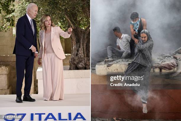 Composite image, assembled from left to right with photos depicting events from the Western world's agenda in 2024 alongside the devastation caused...