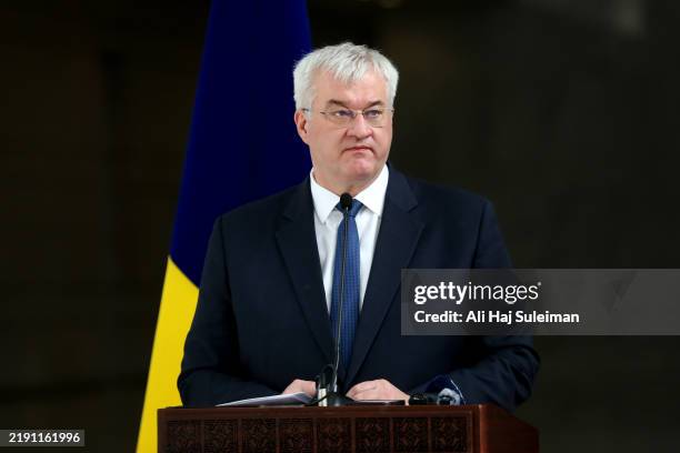 Ukrainian Foreign Minister Andrii Sybiha during a press conference after a meeting between the Syrian leadership and a Ukrainian delegation to help...