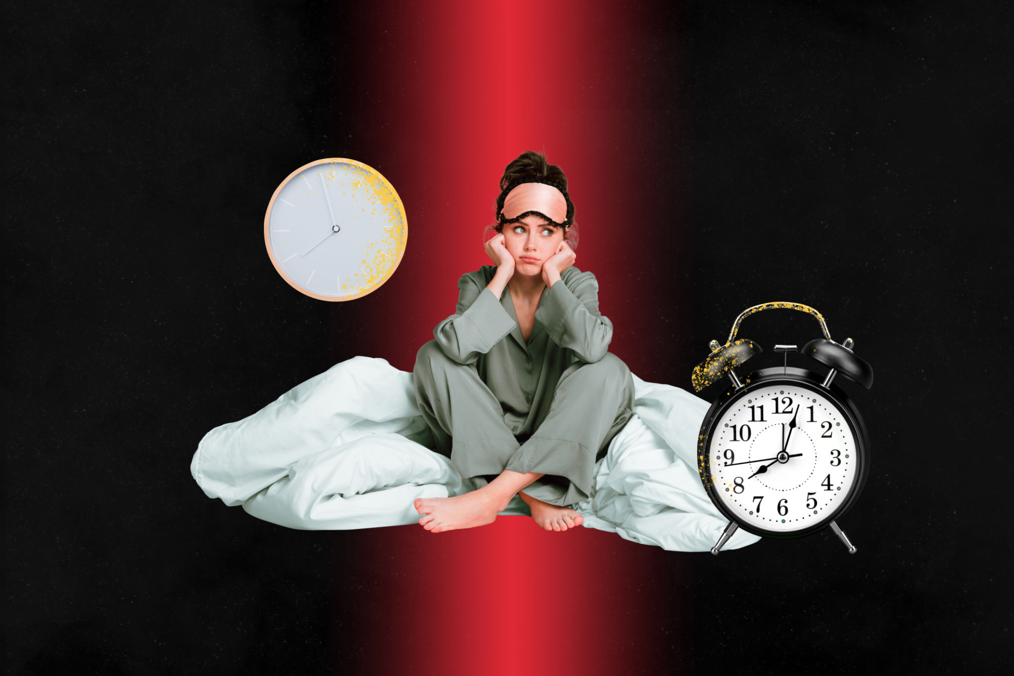 Creative poster collage of sad irritated female insomnia cant sleep pajama time clock wake up early weird freak bizarre unusual fantasy Creative poster collage of sad irritated female insomnia cant sleep pajama time clock wake up early weird freak bizarre unusual fantasy