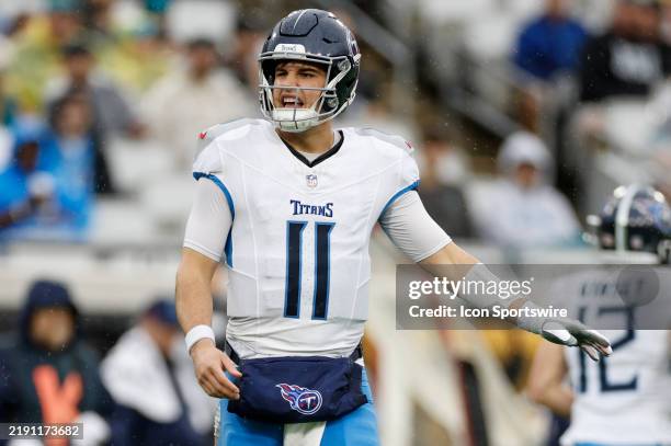 Tennessee Titans quarterback Mason Rudolph lines up for a play during the game between the Jacksonville Jaguars and the Tennessee Titans on December...
