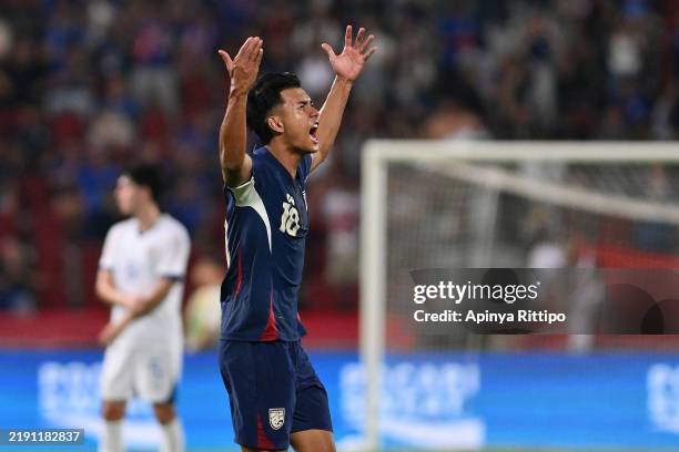 Suphanat Mueanta of Thailand celebrates after scoring the team's third goal during the ASEAN Mitsubishi Electric Cup 2024 Semi Final second leg match...