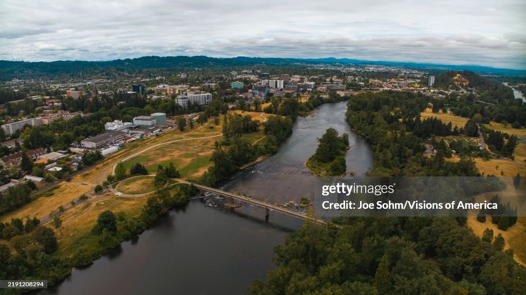 Aerial view with river in view, Eugene, Oregon