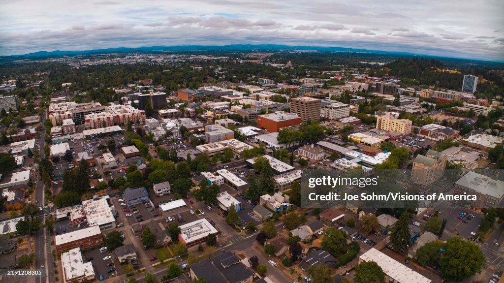 Aerial view with river in view, Eugene, Oregon