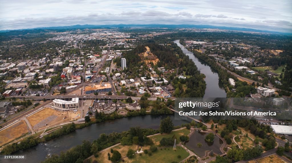 Aerial view with river in view, Eugene, Oregon