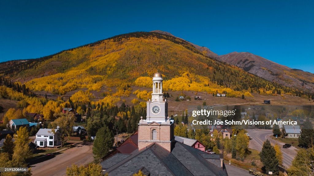Townhall Steeple with autumn color seen from Drone view over Silverton, Colorado