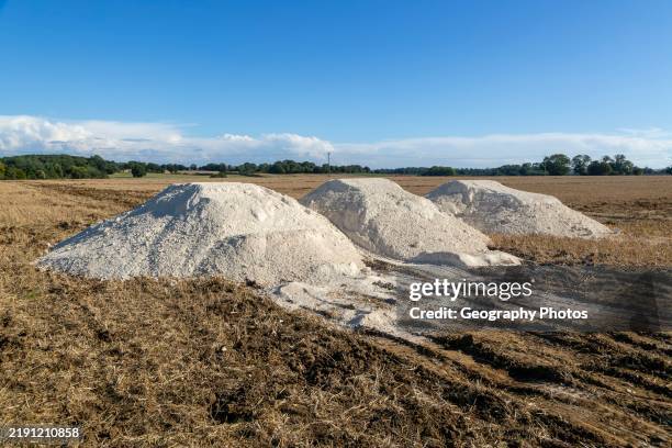 Piles of lime calcium carbonate in field for liming farmland soil, Suffolk, England, UK.