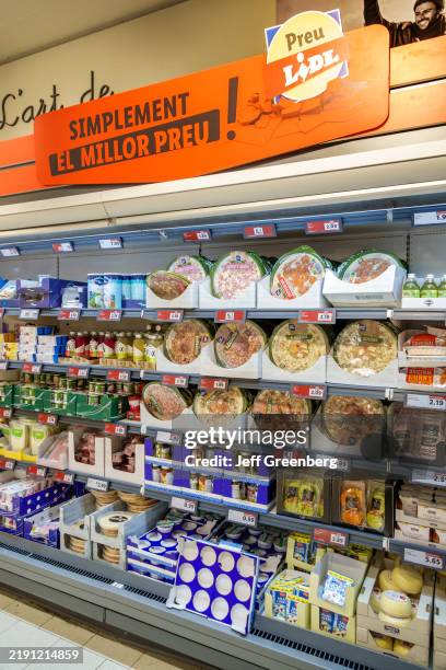 Barcelona, Spain, Catalonia, Carrer de Nicaragua Sants-Montjuic, Lidl discount supermarket, refrigerated case, pizza yogurt.