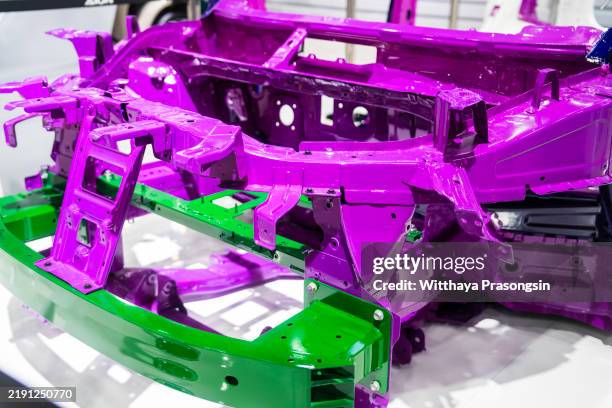 color-coded car frame display highlighting structural materials and techniques - durability stock pictures, royalty-free photos & images