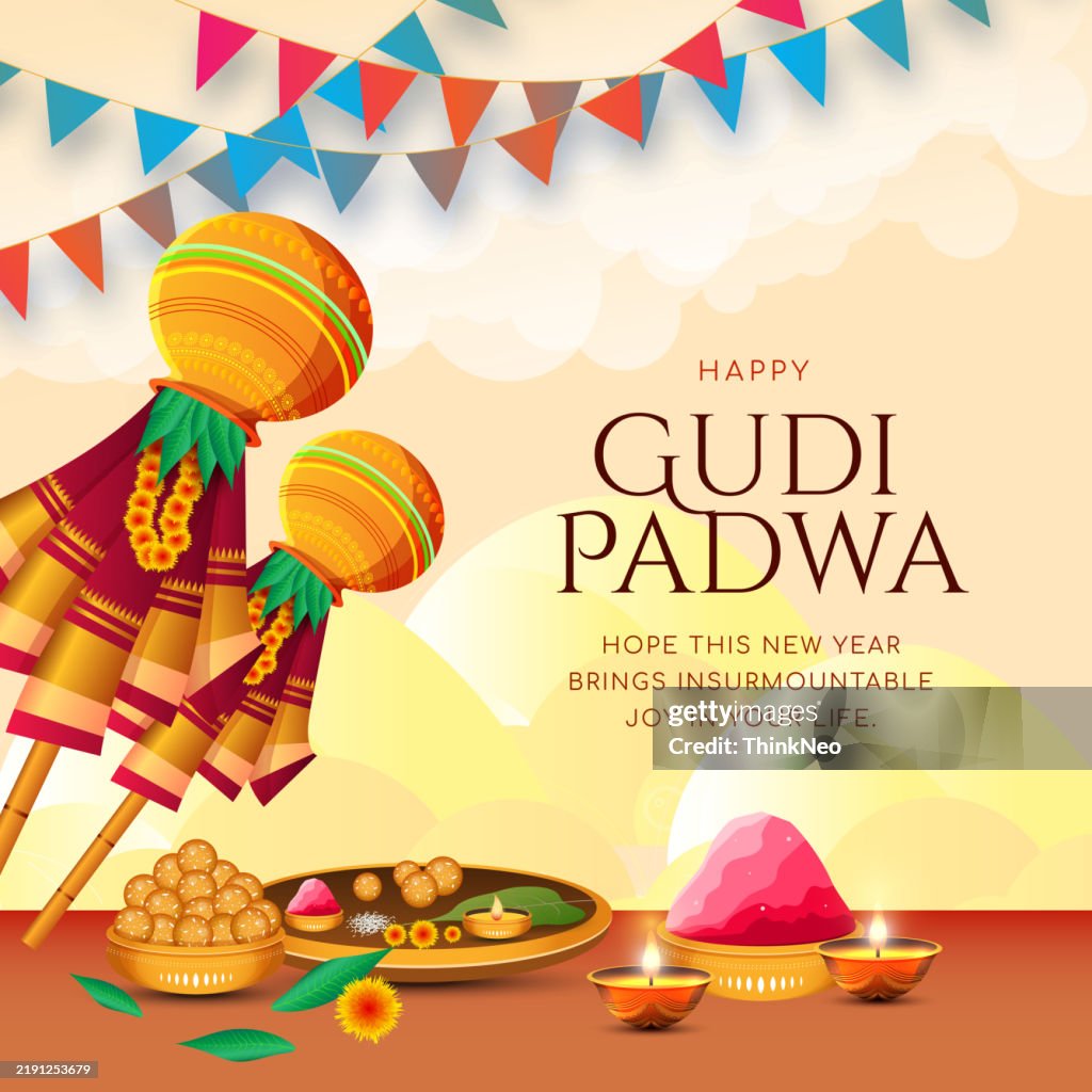 Gudi Padwa vector festive illustration. Hindu New Year celebration for Marathas and Konkani Gudi Padwa. design graphics for posters, posters, flyers, offers, booklets, cards. another name Ugadi or Yugadi