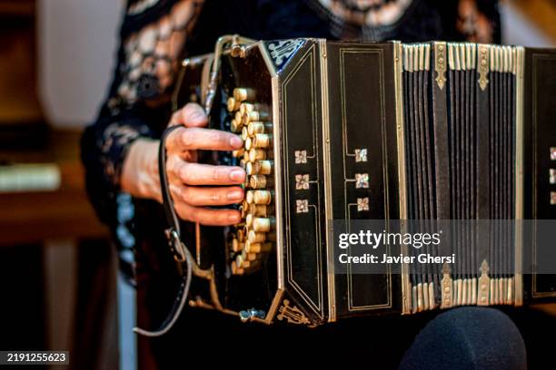bandoneon. woman playing the bandoneon in the foreground. argentine tango. bandoneonist. - argentinischer tango stock-fotos und bilder