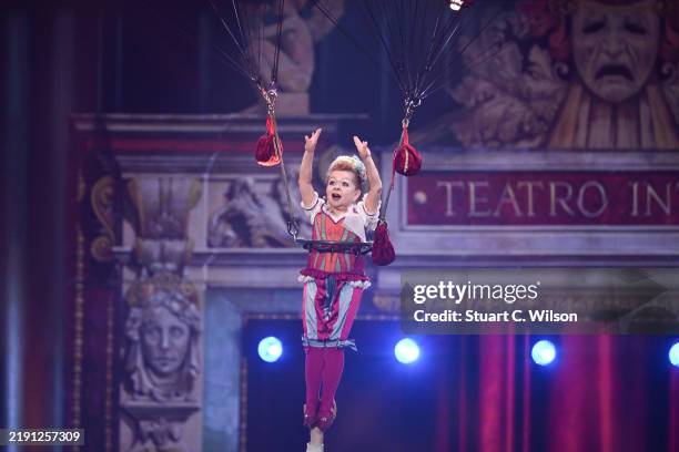In this image released on January 1 Cirque du Soleil perform onstage during The National Lottery New Year's Eve Big Bash 2024 at OVO Arena Wembley on...
