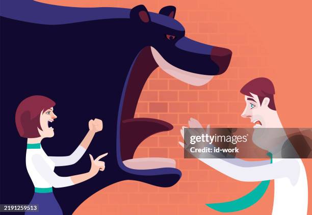woman blaming businessman with angry bear - separation anxiety cartoon stock illustrations