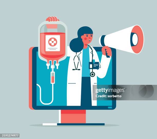 blood donation - desktop pc - female doctor - network operations stock illustrations