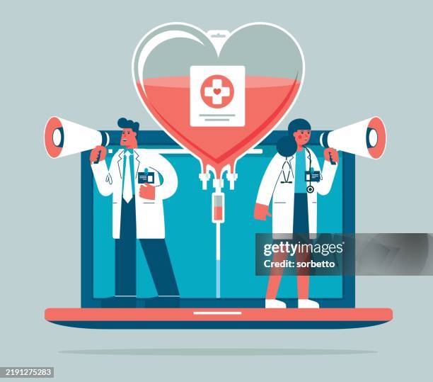blood donation - laptop - checking glucose stock illustrations