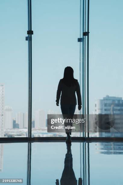 geschäftsfrauen, die in der nähe des fensters mit blick auf die skyline der stadt spazieren gehen - fensterfront stock-fotos und bilder