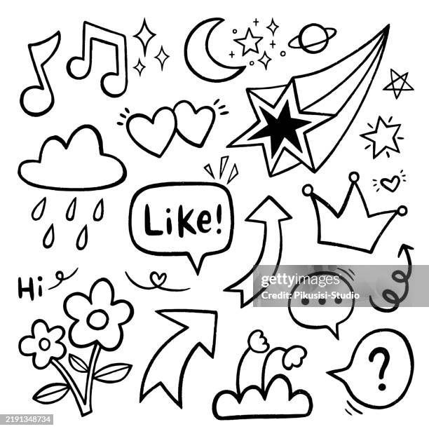 cute doodle hand drawn line elements. - heart with arrow through it stock illustrations