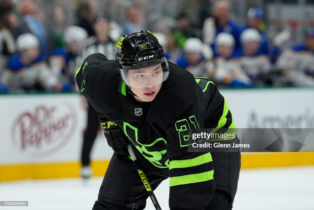 James Roderon Dallas Jason Robertson of the Dallas Stars lines up against the Buffalo ...