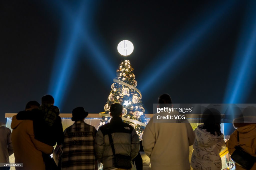 Giant Labubu Christmas Tree Lights Up Night Sky In Chengdu